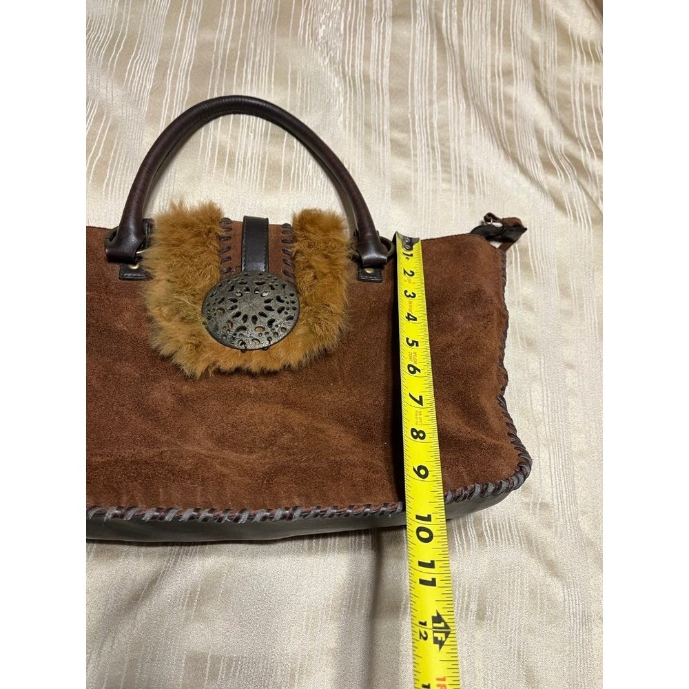 Nicole Lee Suede Purse Metal And Fur Accents Zipper Magnetic Closure Large Bag - Picture 9 of 10